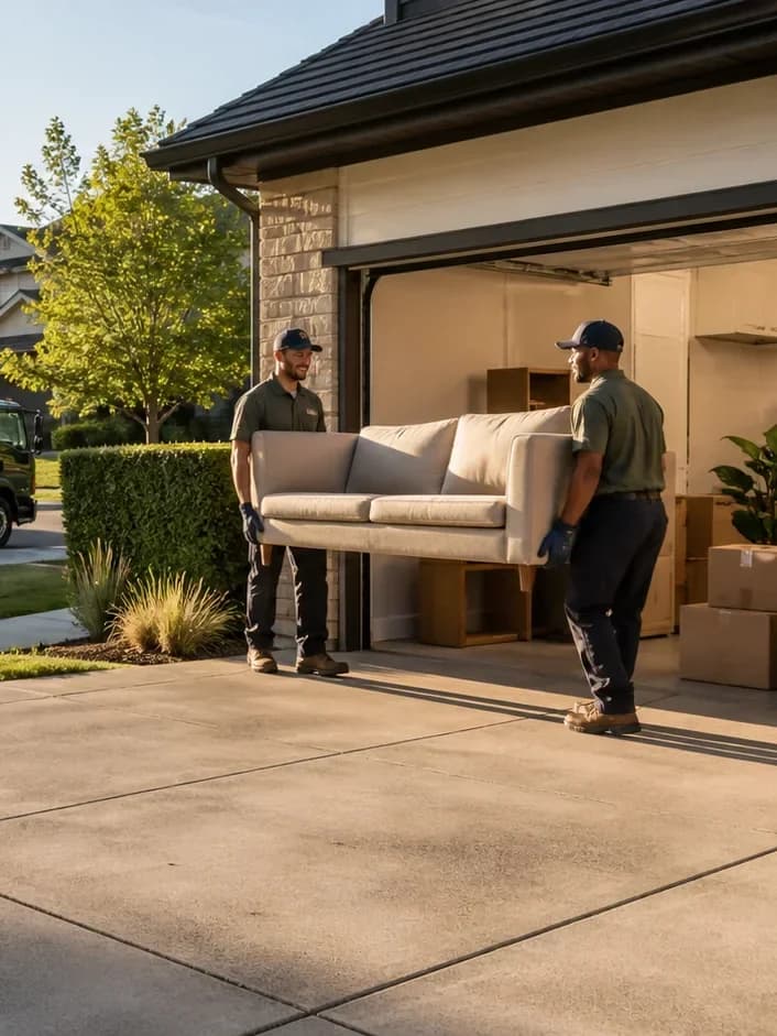 Uniformed crew carrying a sofa from a garage toward a junk removal truck